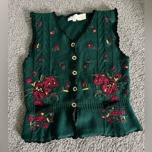 Vintage The Eagles Eye dark green floral 100% wool vest women’s size S GUC
